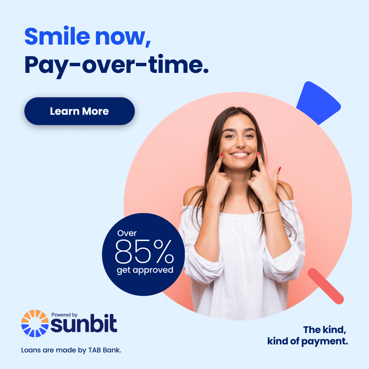 Woman smiling with hands near face, dental financing promotion with 85% APR offer text and Sunbit logo.
