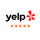 Yelp logo with five gold stars rating for Kelly Smile Dentistry Victorville